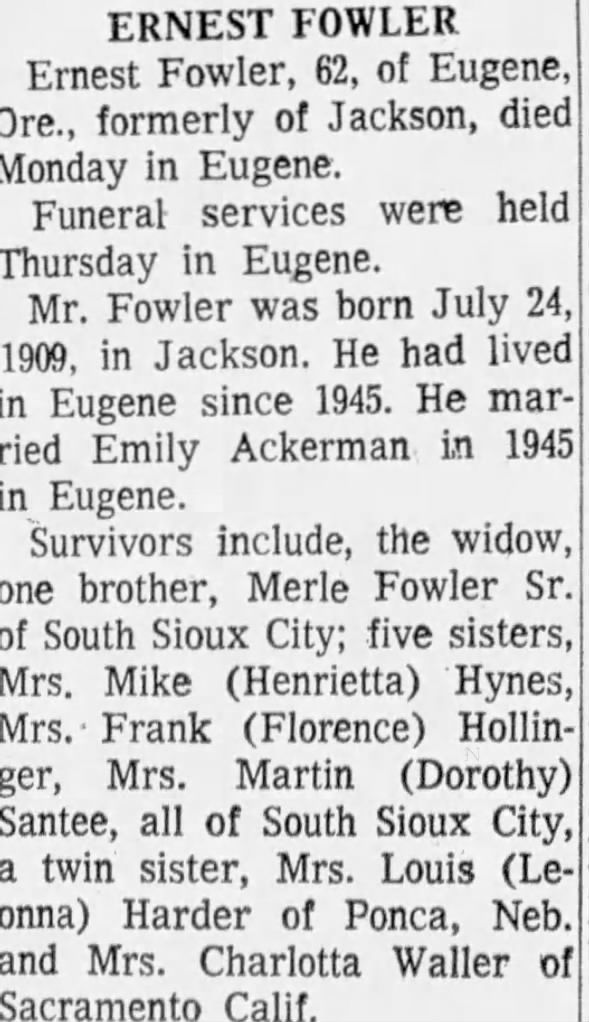 Obituary for ERNEST FOWLER (Aged 62)